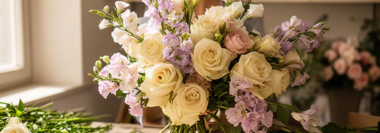Fiorista che sistema un bouquet di rose e lisianthus su un tavolo luminoso ad Atri