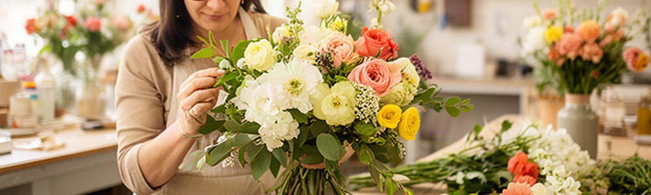 Fiorista abruzzese che prepara un bouquet di fiori stagionali in un laboratorio luminoso