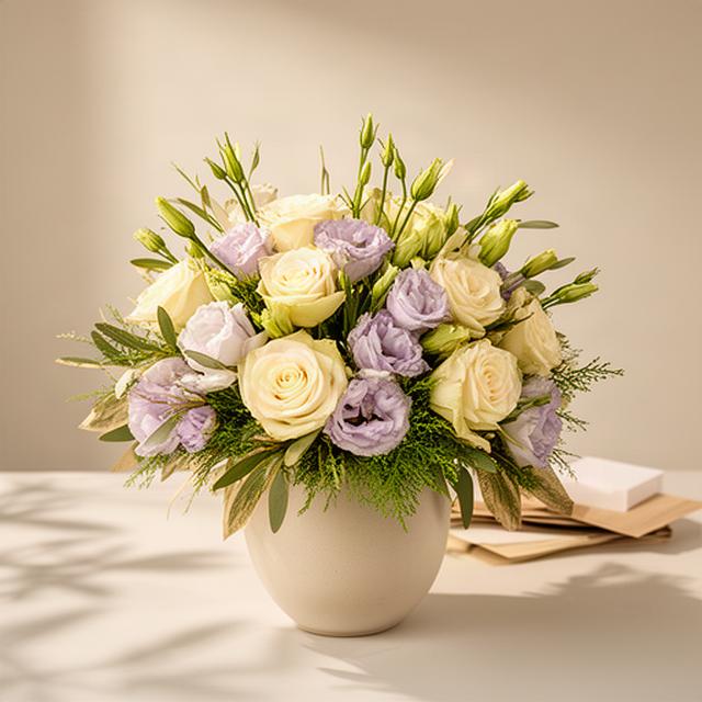 Composizione floreale del mese con rose color crema, fiori lilla e foglie verdi in vaso chiaro