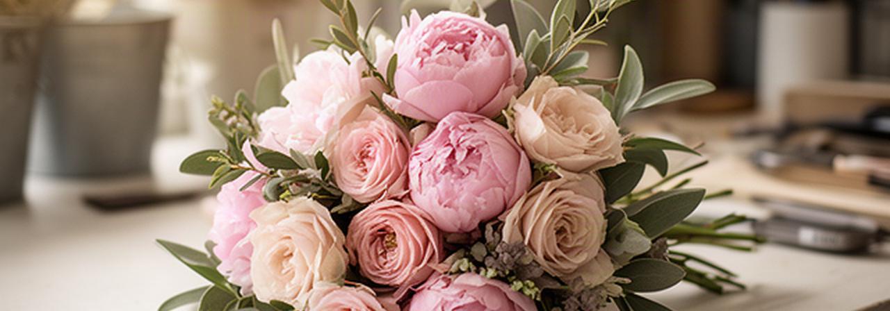 Mazzo di rose e peonie rosa su un tavolo chiaro, illuminato da luce calda in un laboratorio floreale