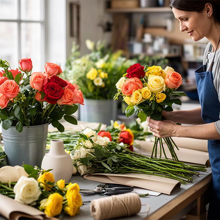 Matanda Delik seleziona rose e fiori di stagione su un banco da lavoro floreale