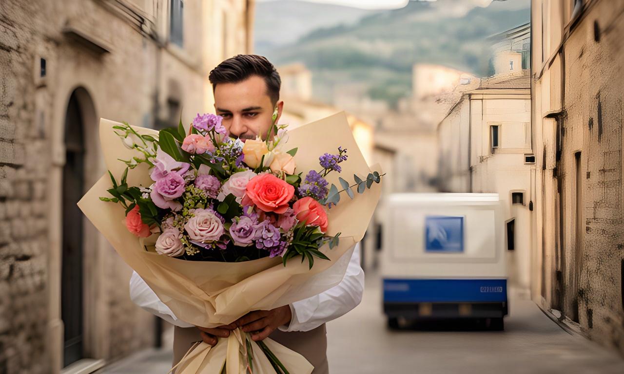 Fiorista con una composizione di fiori freschi pronta per la consegna in una strada di Atri