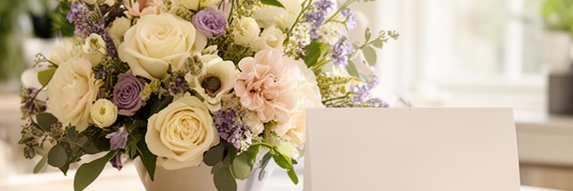Composizione di fiori freschi accanto a una scheda ordine su un tavolo luminoso
